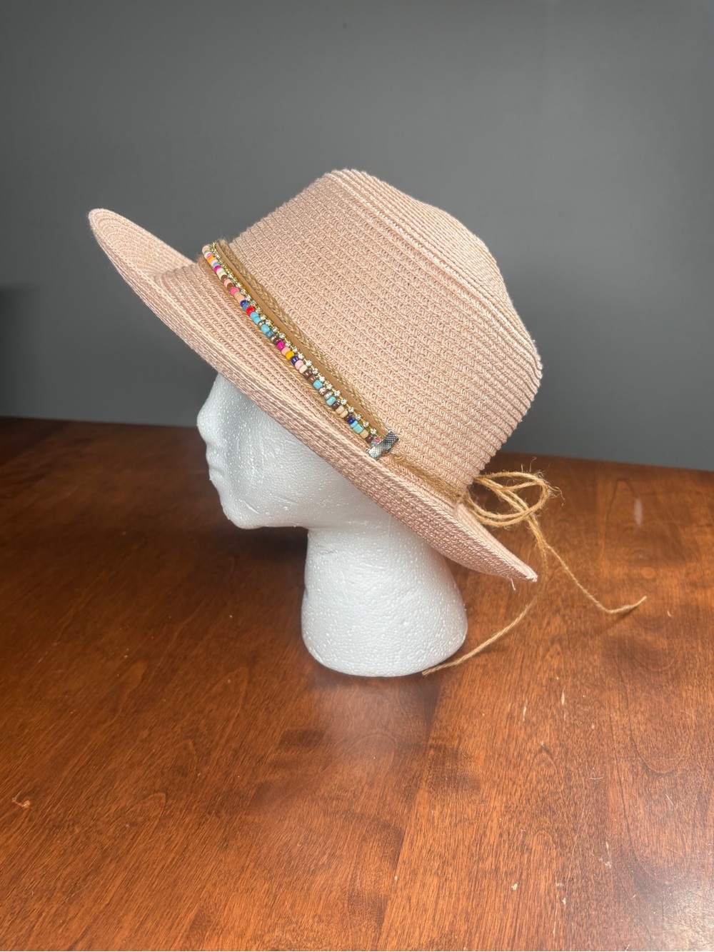 Panama Jack Pink Straw Fedora with Beaded Accent